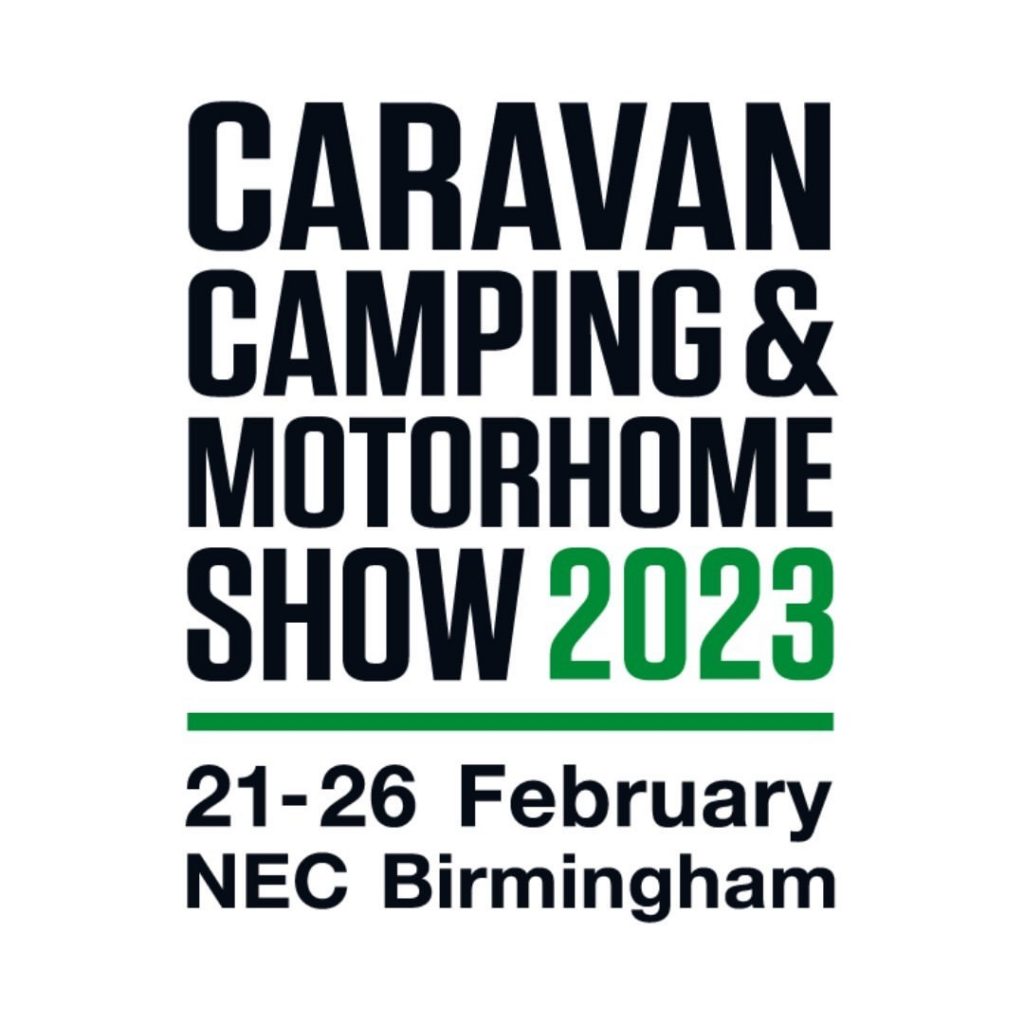 Black and green text on a white background that says: Caravan, Camping and Motorhome Show 2023. 21 -26 February NEC Birmingham
